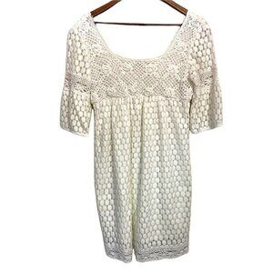 Solitaire Women's White Cottage Core Crochet Flare Sleeve Mini Dress Medium
